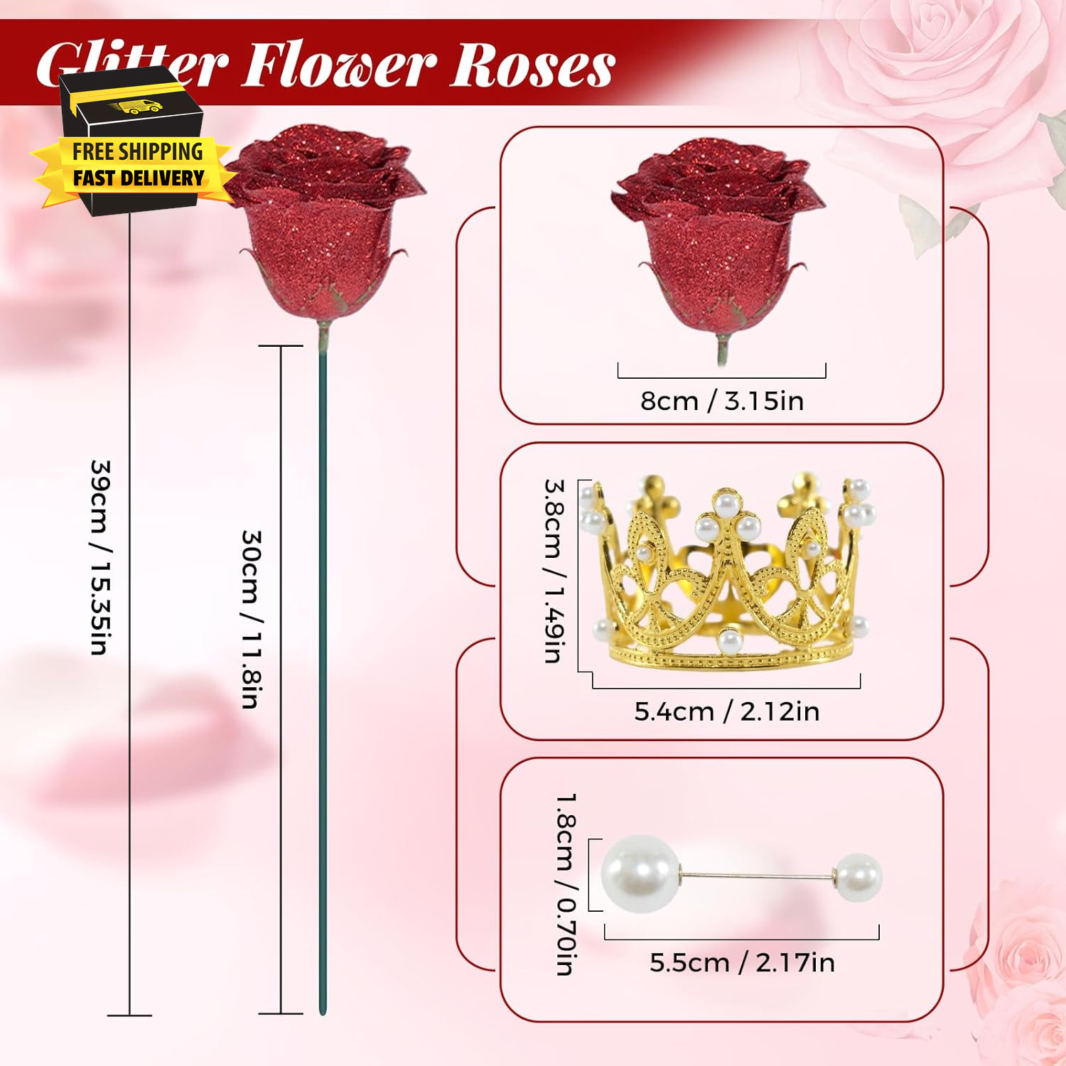 Red Glitter Roses Bouquet, 24 Pcs Shiny Glitter Flowers Bouquet, Everlasting Art