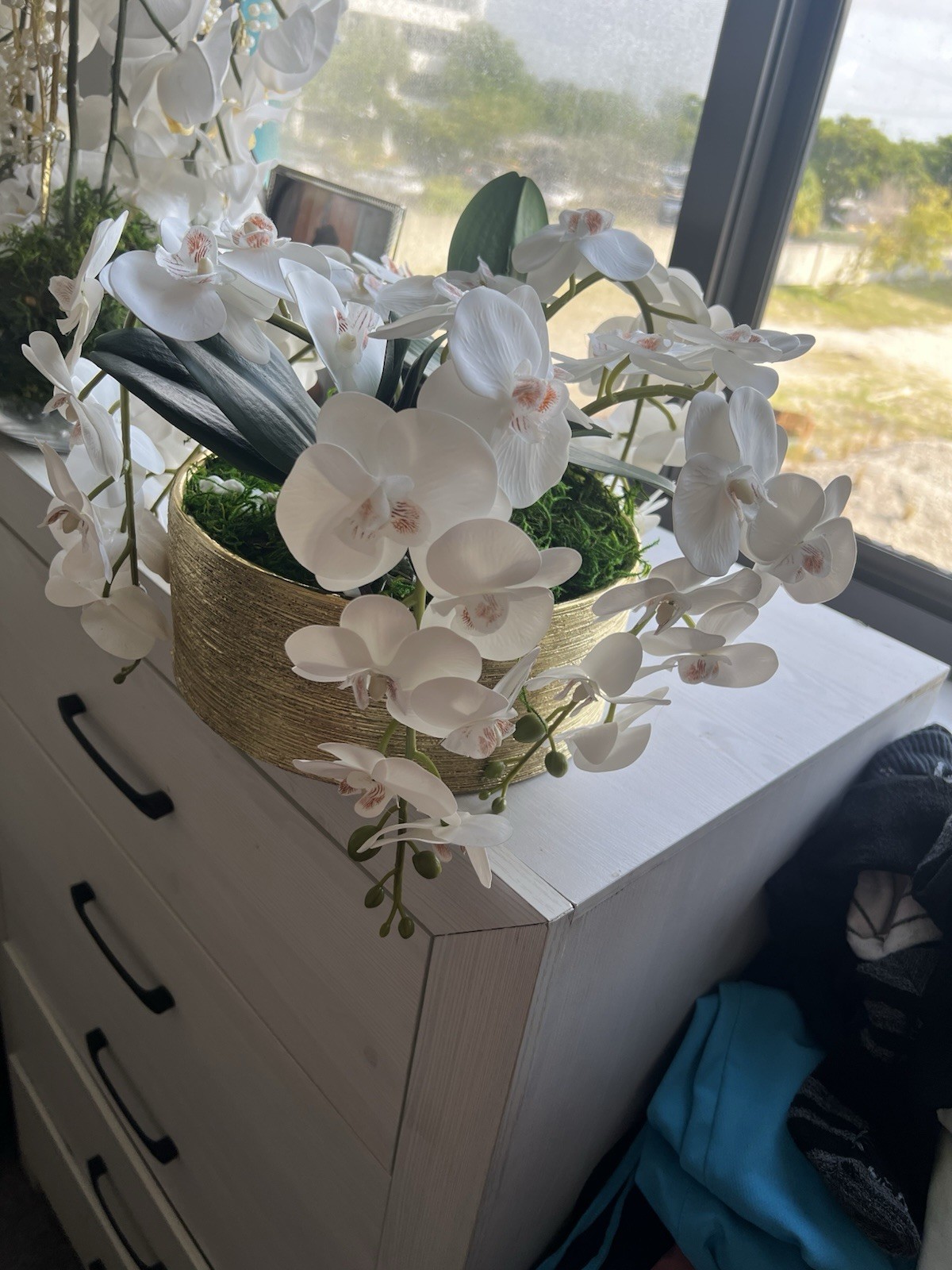 Artificial White & Green Orchid Floral Centerpiece Arrangement in Gold Pot