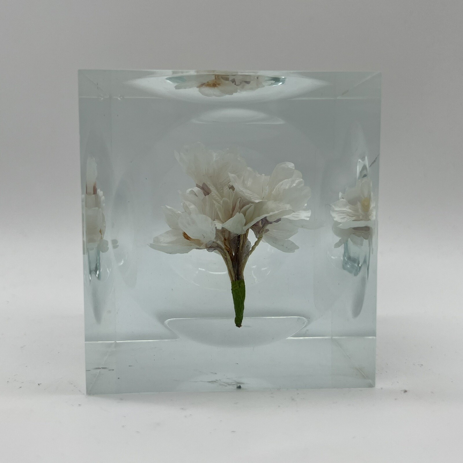 Crystal Clear Lucite Acrylic Large 3 3/4in” Sola Cube Cherry Blossom Flowers