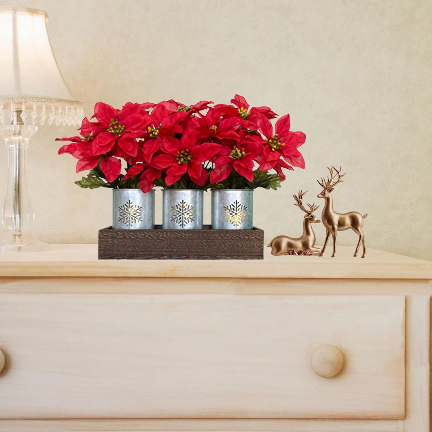 Poinsettias Artificial Christmas Flowers with LED Lights, Red Xmas Table Cent…