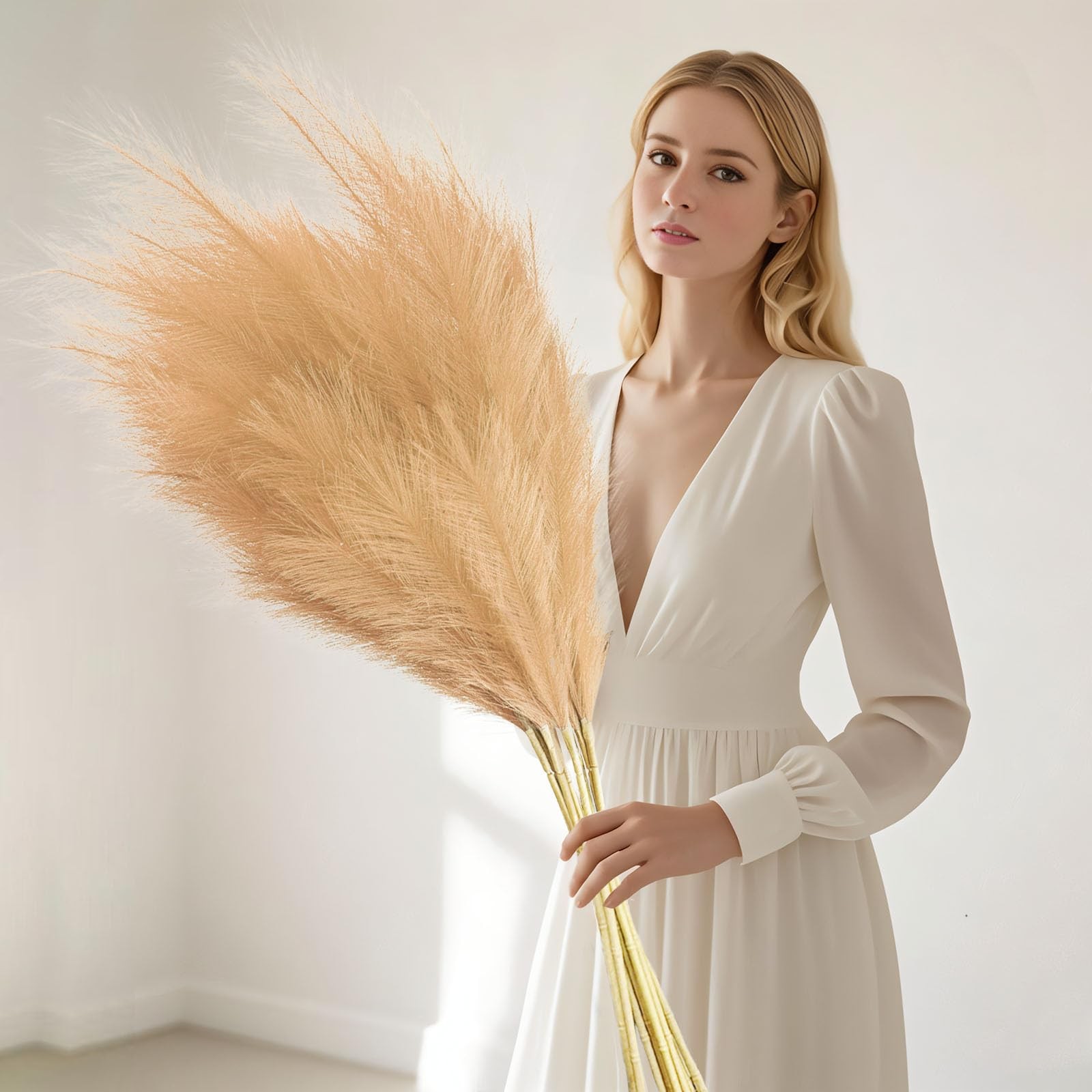 8 PCS Khaki Tall Faux Pampas Grass Decor 45 Inch Artificial Dried Vase Boho