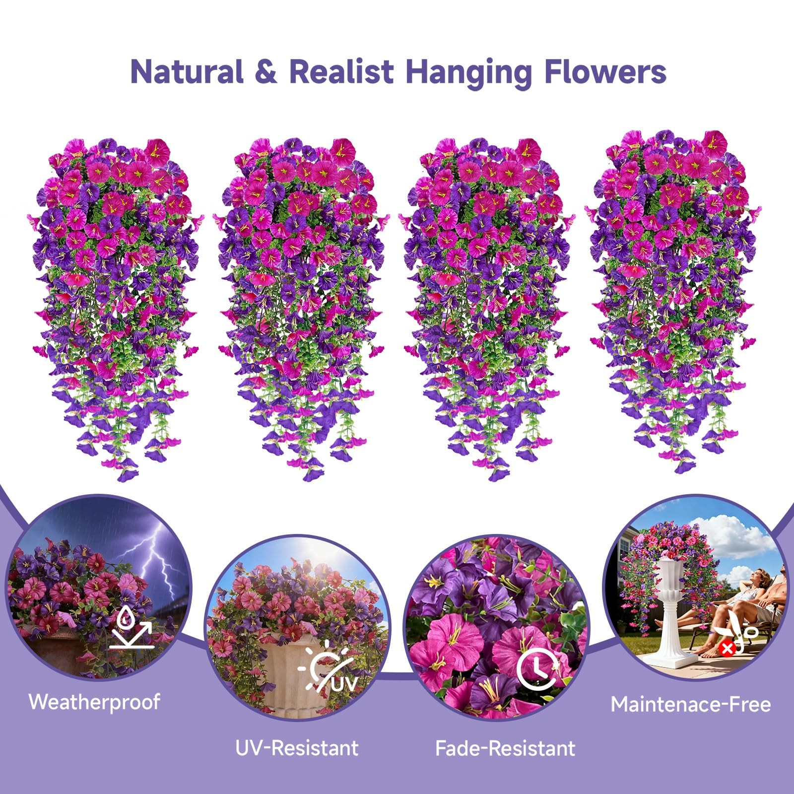 Artificial Hanging Flowers for Outdoors, 4 PCS 600 Blooms UV Resistant Mornin…