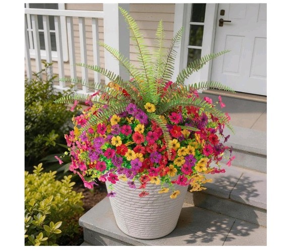 12 Bundles UV Resistant Fake Outdoor Flowers Faux Fern Realistic Plants Garden
