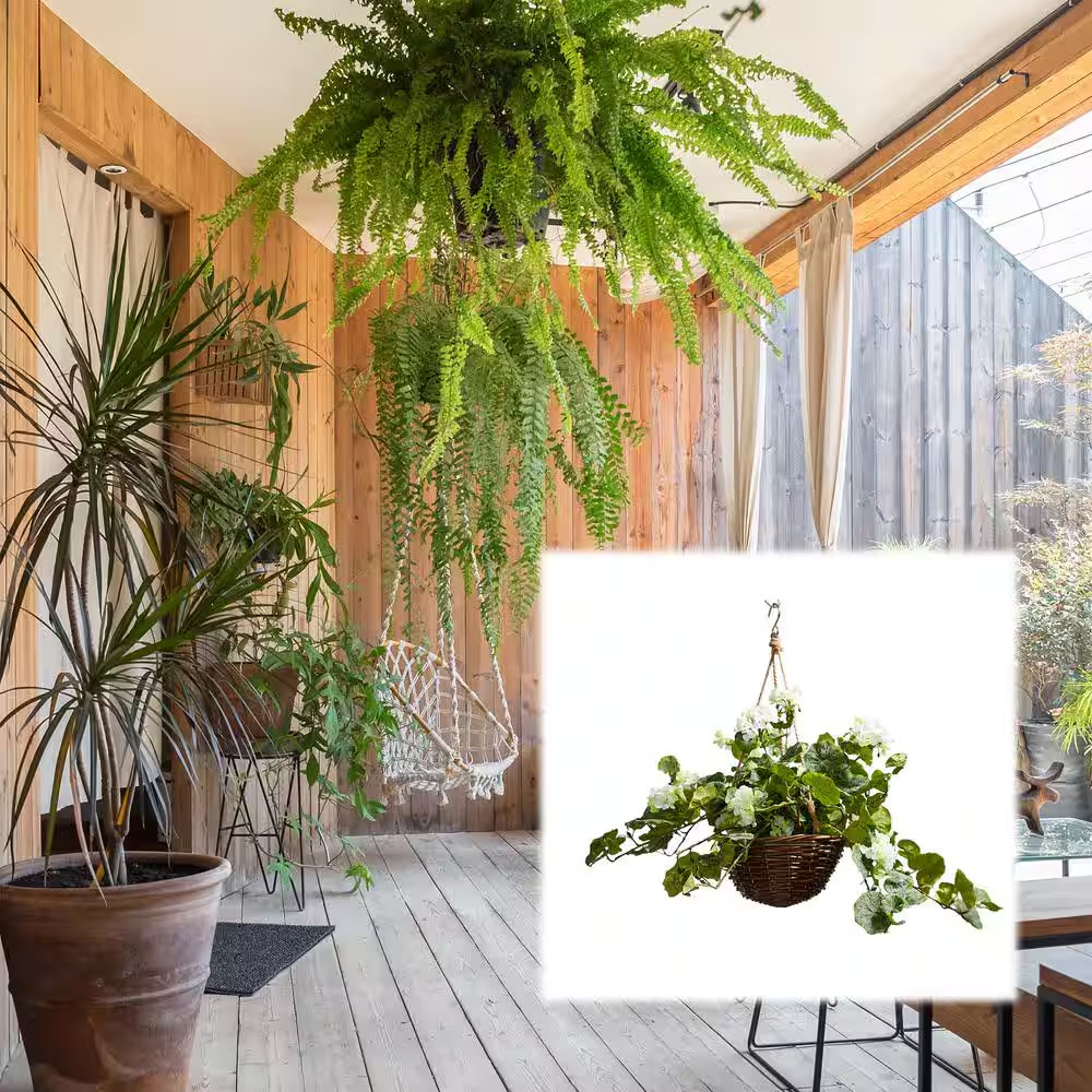 White Artificial Geranium Flower Arrangement with Hanging Basket