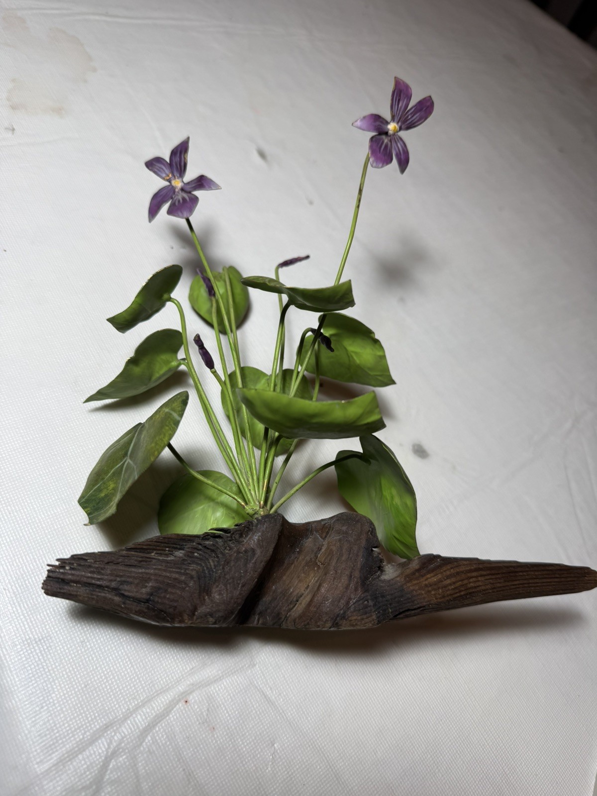 Gorgeous purple, violets, in metal Flower Arrangement – 8 x 8” wood vase
