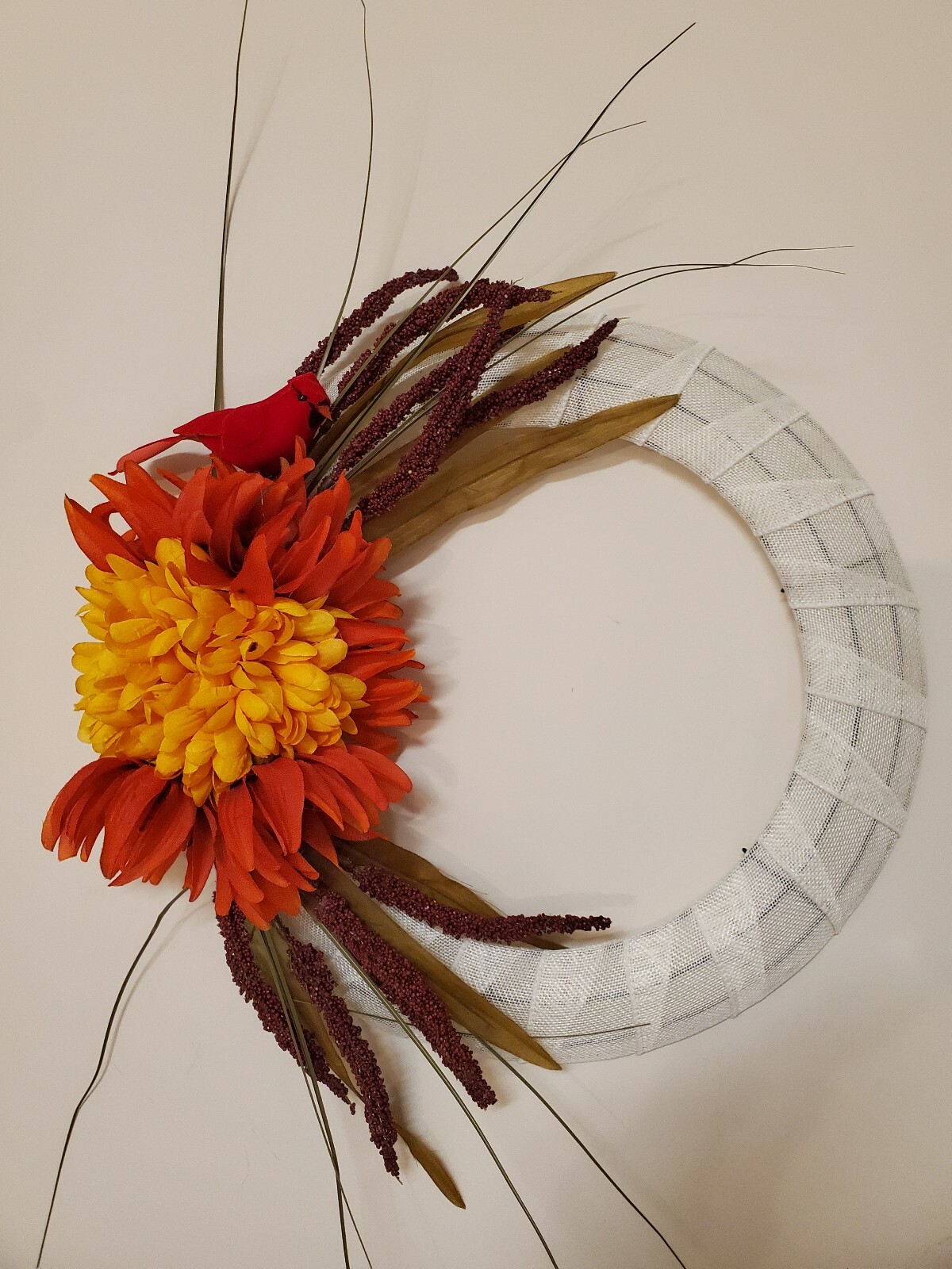 Heather MUM white orange red CARDINAL burlap WREATH FALL autumn Decor Front Door