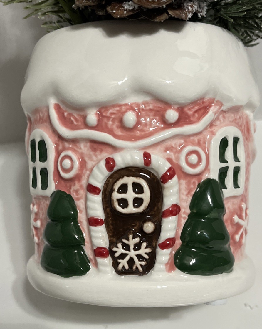 Flora Bunda Christmas Artificial Plant Pink Gingerbread House Ceramic Pot Decor