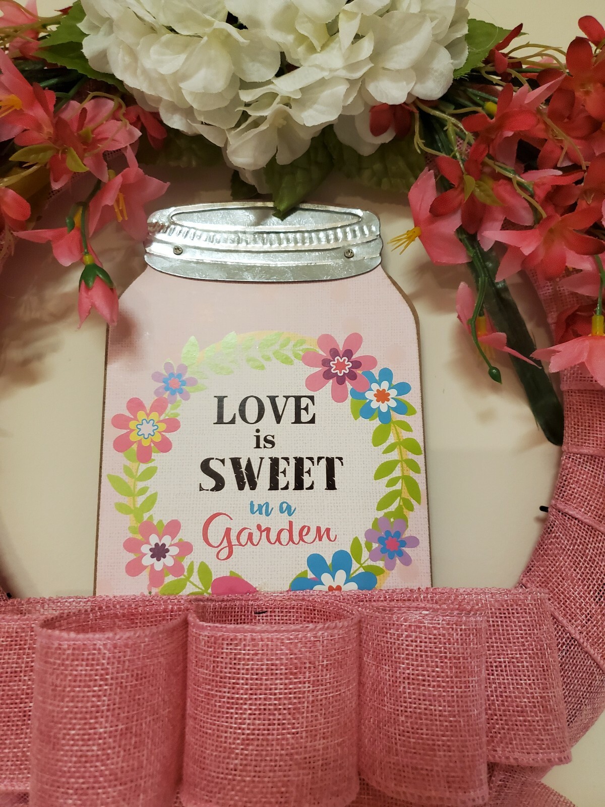 Wreath “LOVE is SWEET in a garden” Pink burlap mesh Pink flowers Decor Door 16″