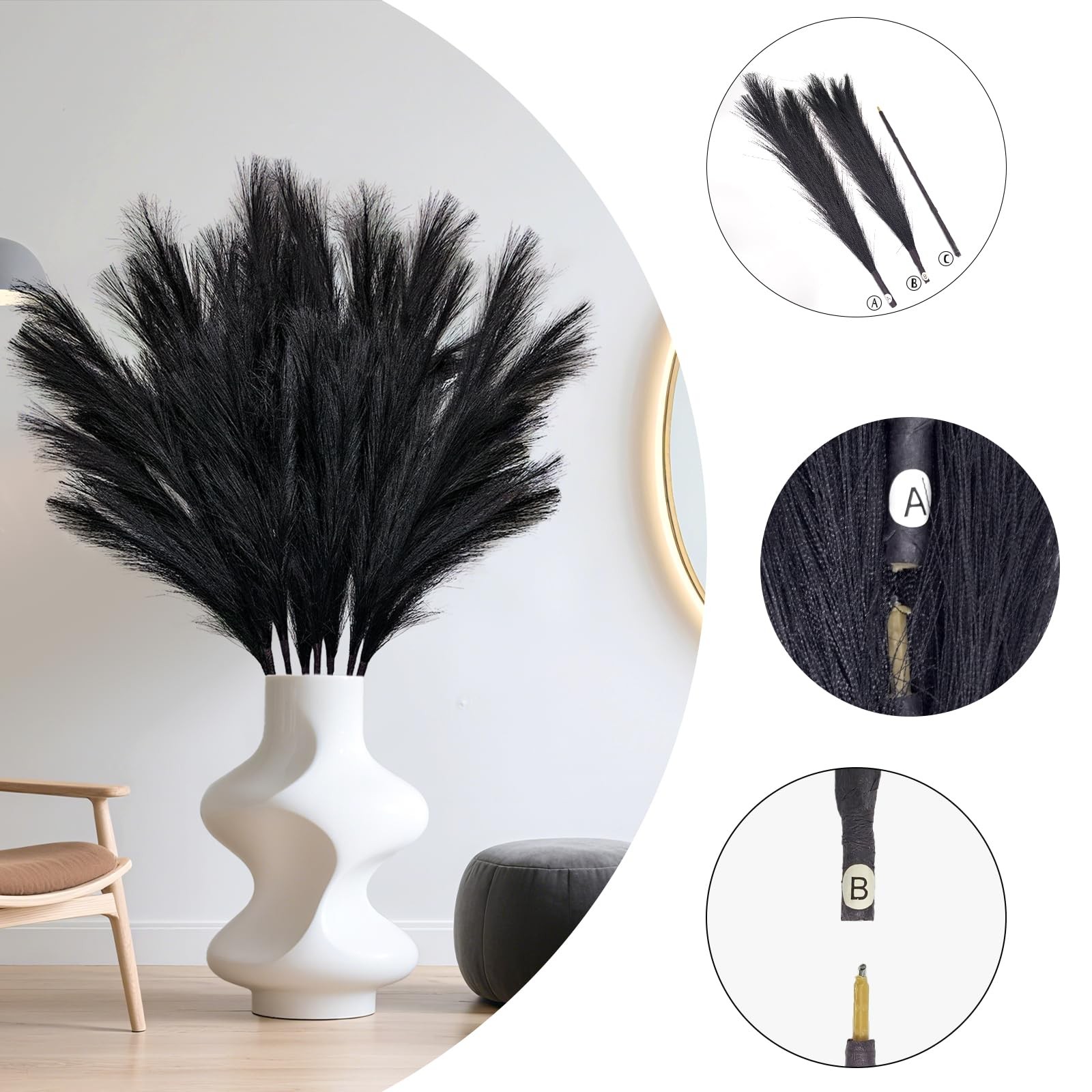 8Pcs Faux Black Pampas Grass Decor Tall, 35.4” Fluffy Artificial Pompous Gras…