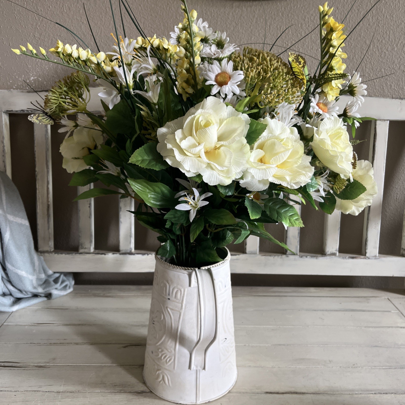 Vintage Artificial Flower Bouquet And Watering Can Large 24” Tall Cottagecore