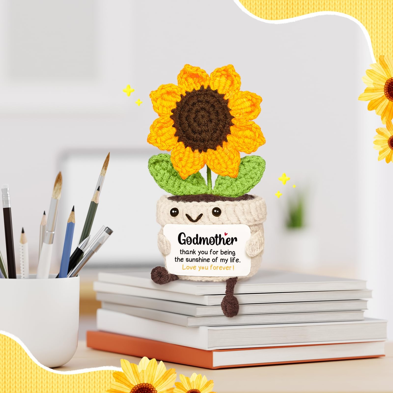 Handmade Crochet Sunflower Godmother Proposal Gift with Card Cute Keepsake