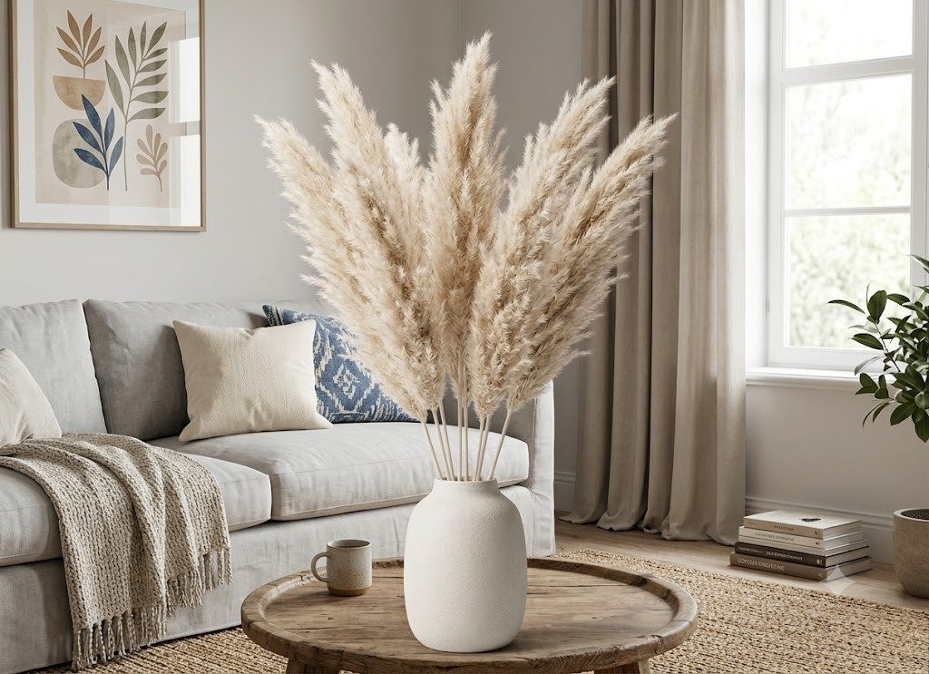 15 Stems Natural WhiteDried Pampas Grass – Fluffy Reed Grass for Home & Wedding