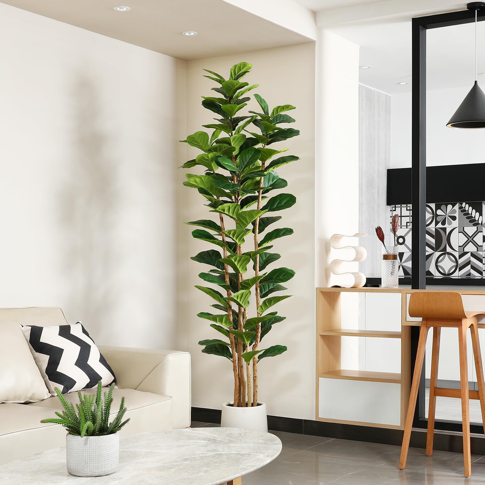 7ft Artificial Fiddle Leaf Fig Tree with White Planter, Tall Fake Tree with 5…
