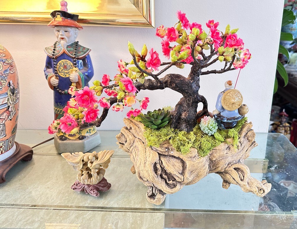 Bonsai Planter Artificial Bonsai Cherry Blossom Tree With Chinese Mud Man Realis