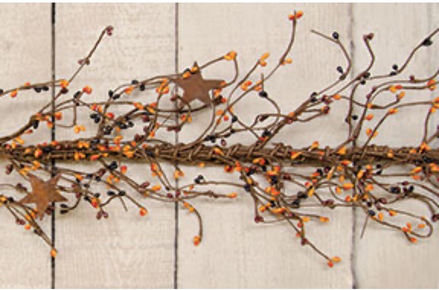 Primitive Mix Black Rust Orange Pip Berry Garland With Stars 40”- Farmhouse