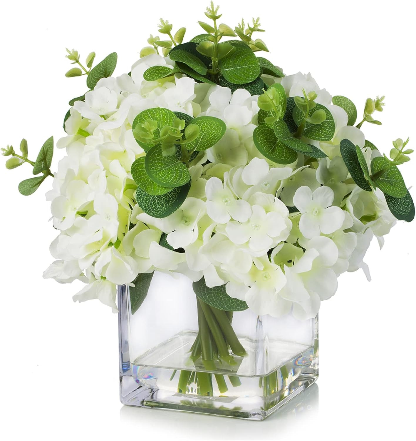 Elegant Silk Hydrangea Arrangement in Faux Water Vase for Home & Weddings