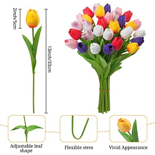 30 Pcs Multicolor Artificial Tulip Flowers Fake Tulips PU Real Multi Color