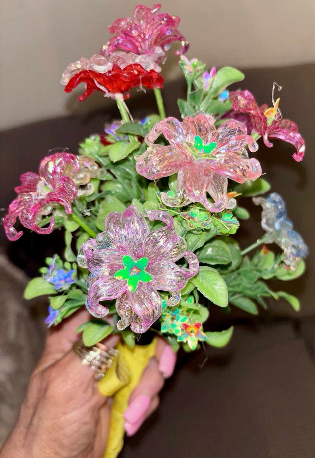 Small Handmade Bouquet Acrylic Iridescent 11” Wrapped In Grosgrain Ribbon OOAK
