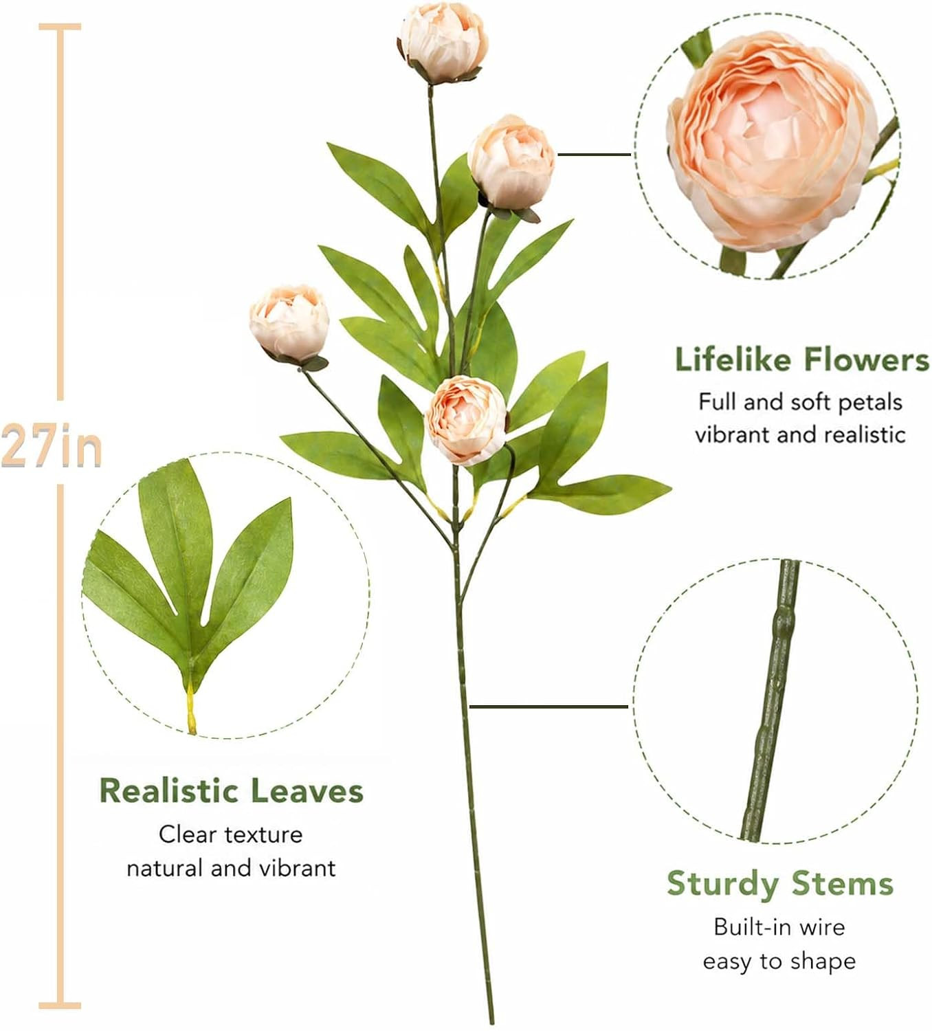 27″ Silk Faux Peony Flowers – 8 Pcs Bouquet for Home, Wedding, Table Decor
