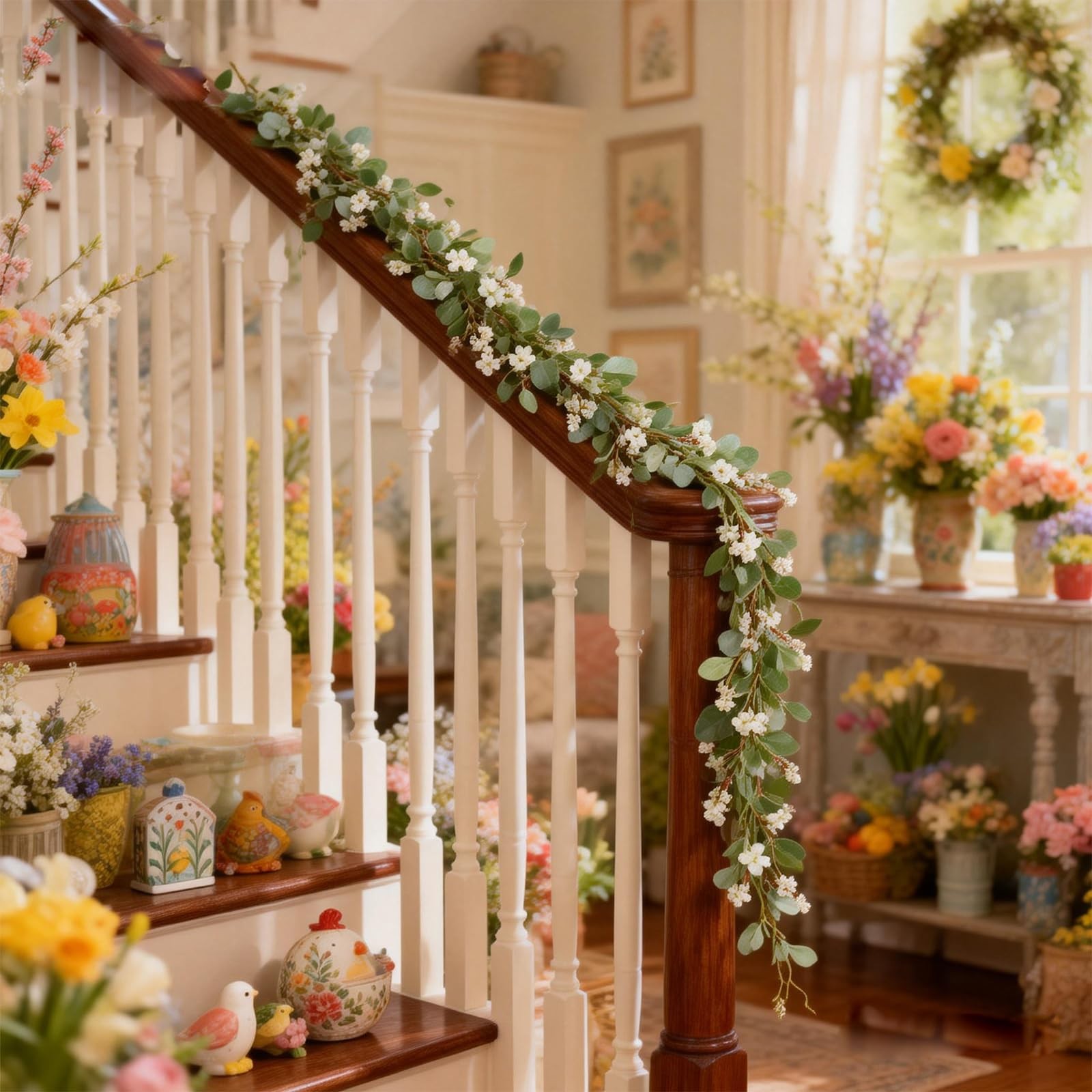70 Inch Lamb Ears Greenery Garland with Ivory Forsythia Flowers, Year Round F…