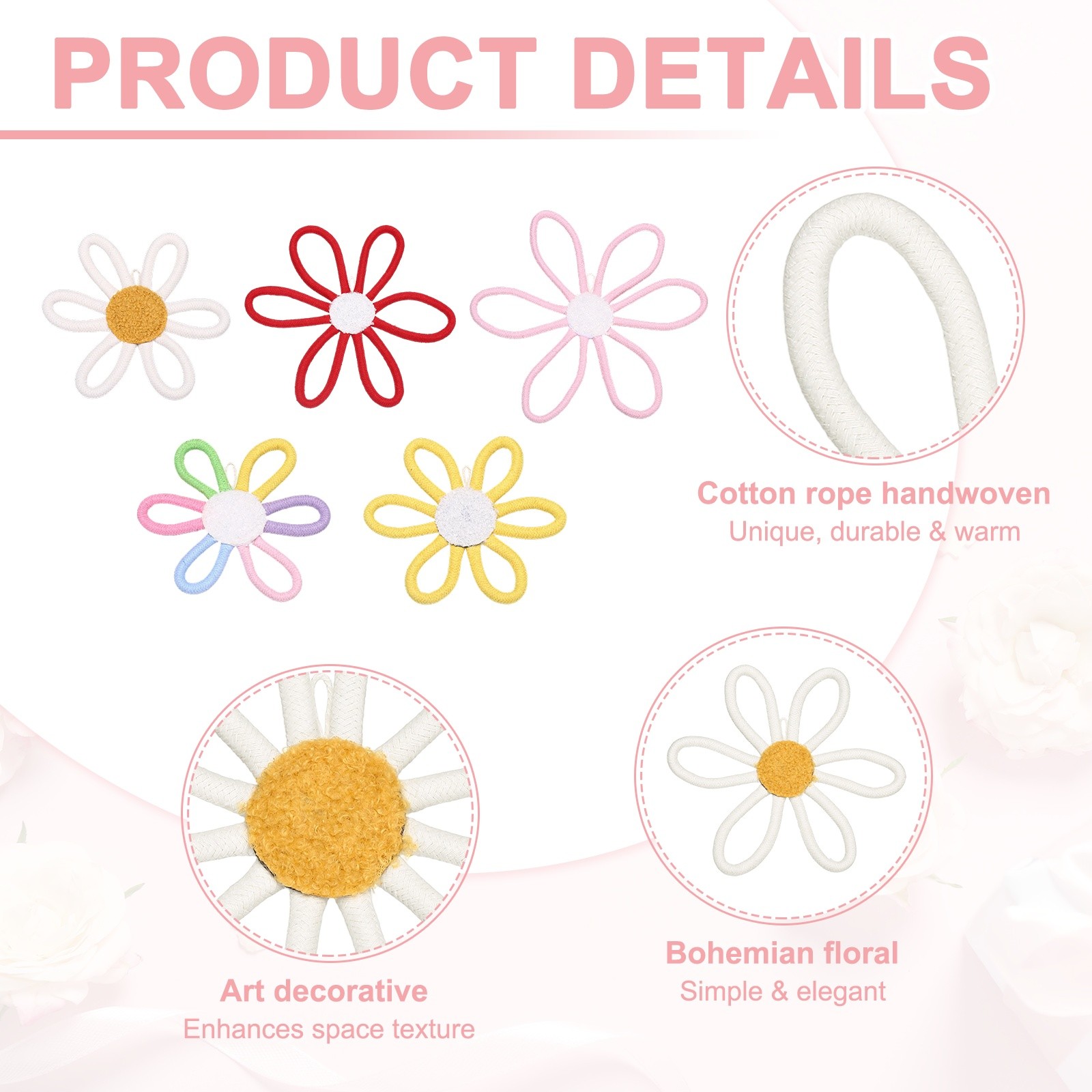 3Pcs Daisies Floral Wall Decor 8″ Flower Art Decor Woven Macrame Beige,