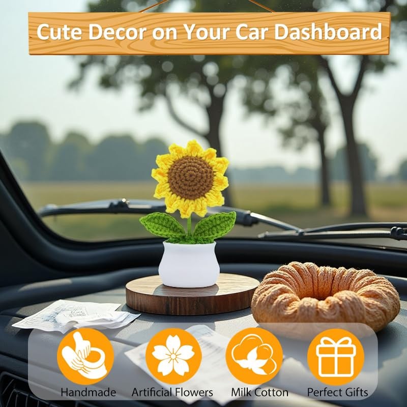 Crochet Flowers Artificial Sunflower for Office Desk, Car Dashboard Decor, Ha…