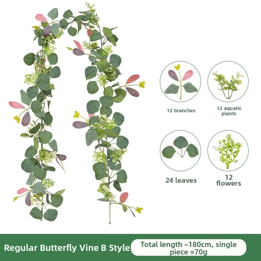 180cm Faux Eucalyptus Vine Garland with Butterfly Motifs for Rattan Style Decor