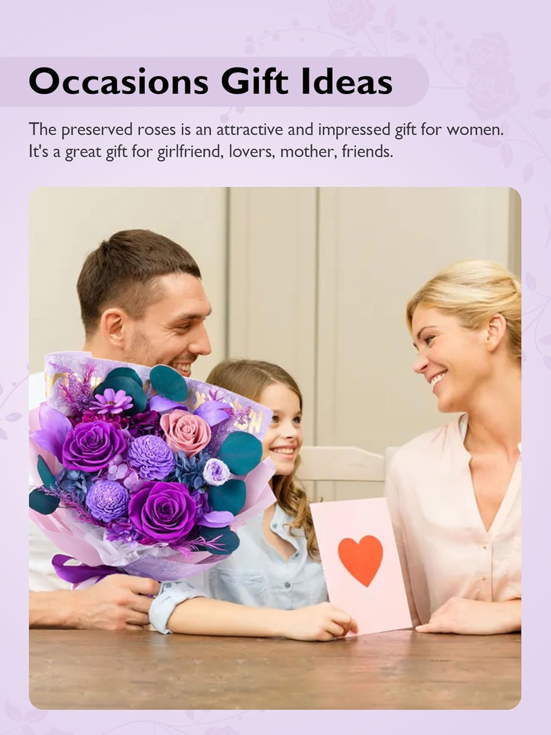 Preserved Roses and Purple Flowers Bouquet for Mother’s Day and Special Occasion