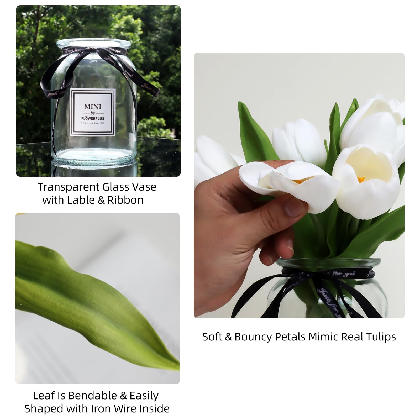 10 PCS Fake White Tulips Silk Artificial Flowers Real Touch Decor With Vase