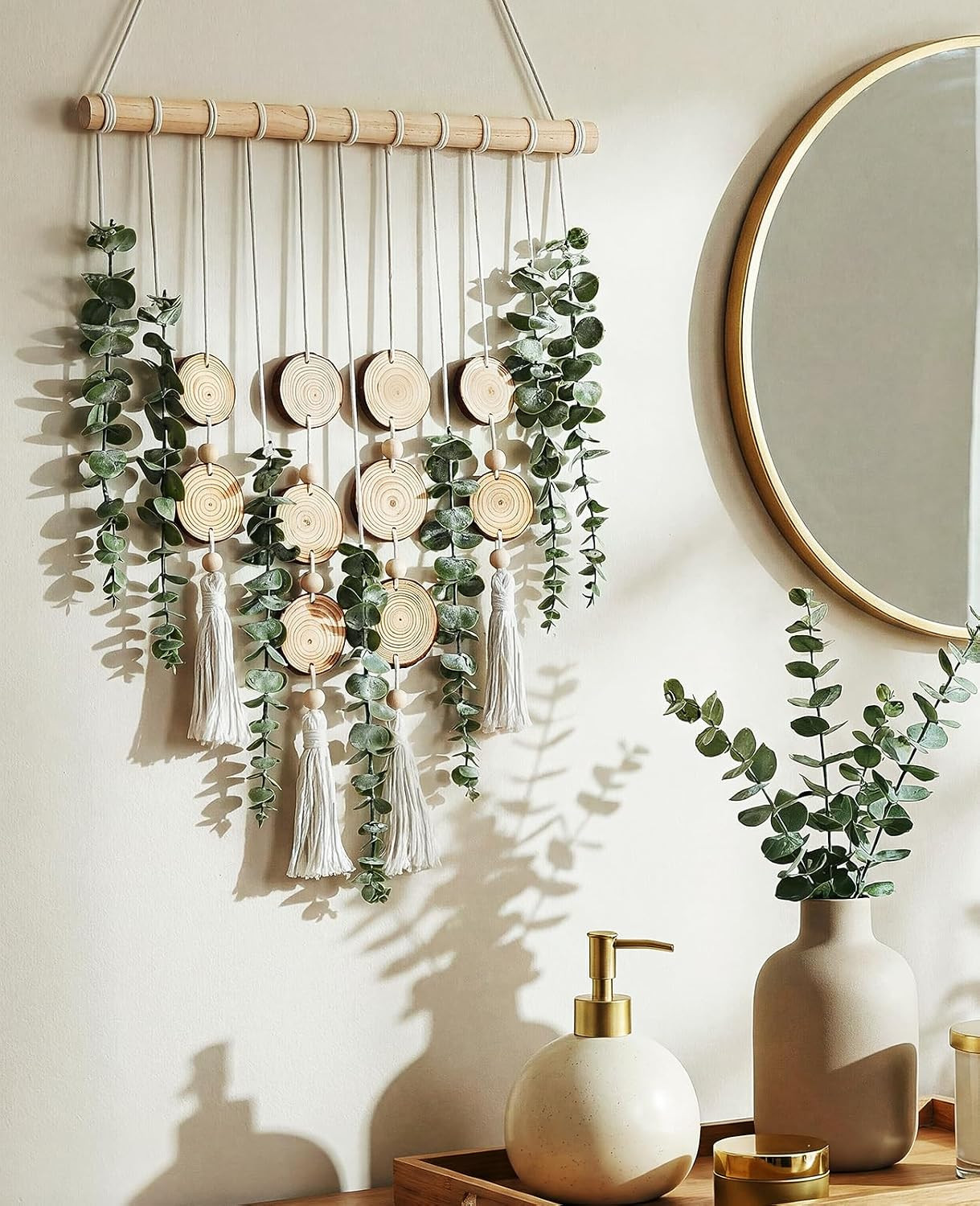 Artificial Eucalyptus Wall Hanging, Fake Greenery Leaves Stems with Wood Slices