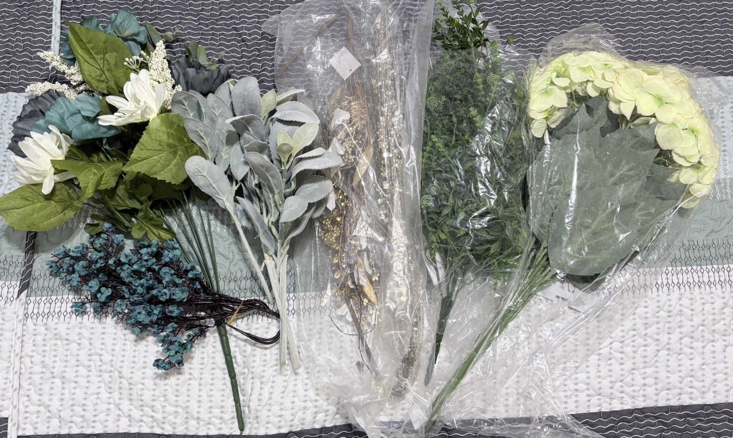 Artificial Flowers Lot, Floral Stems, Faux greenery, Blue, White, Wreath Making