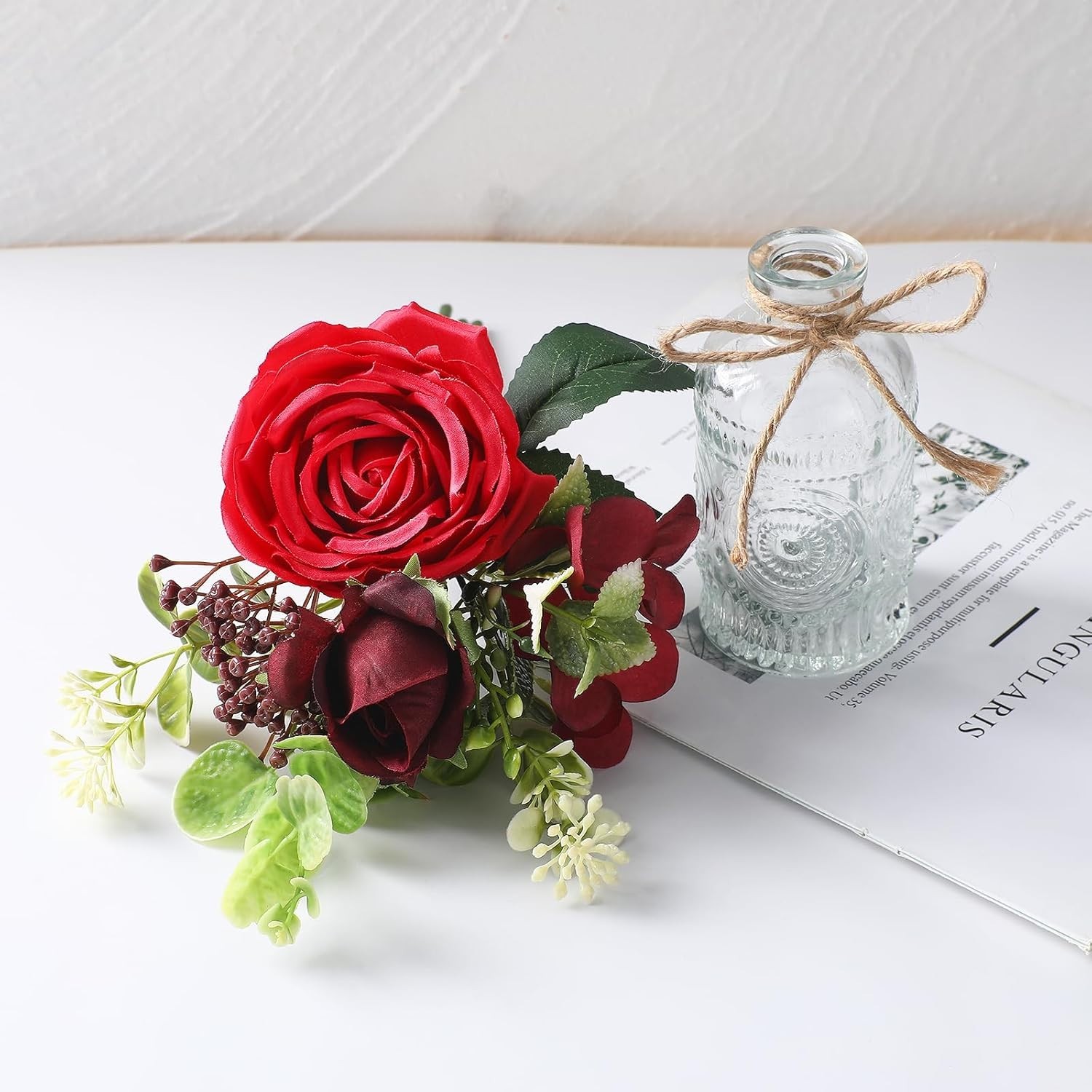 Artificial Flowers with Vase – Small Red Fake Plants Faux Silk Flower Arrange…