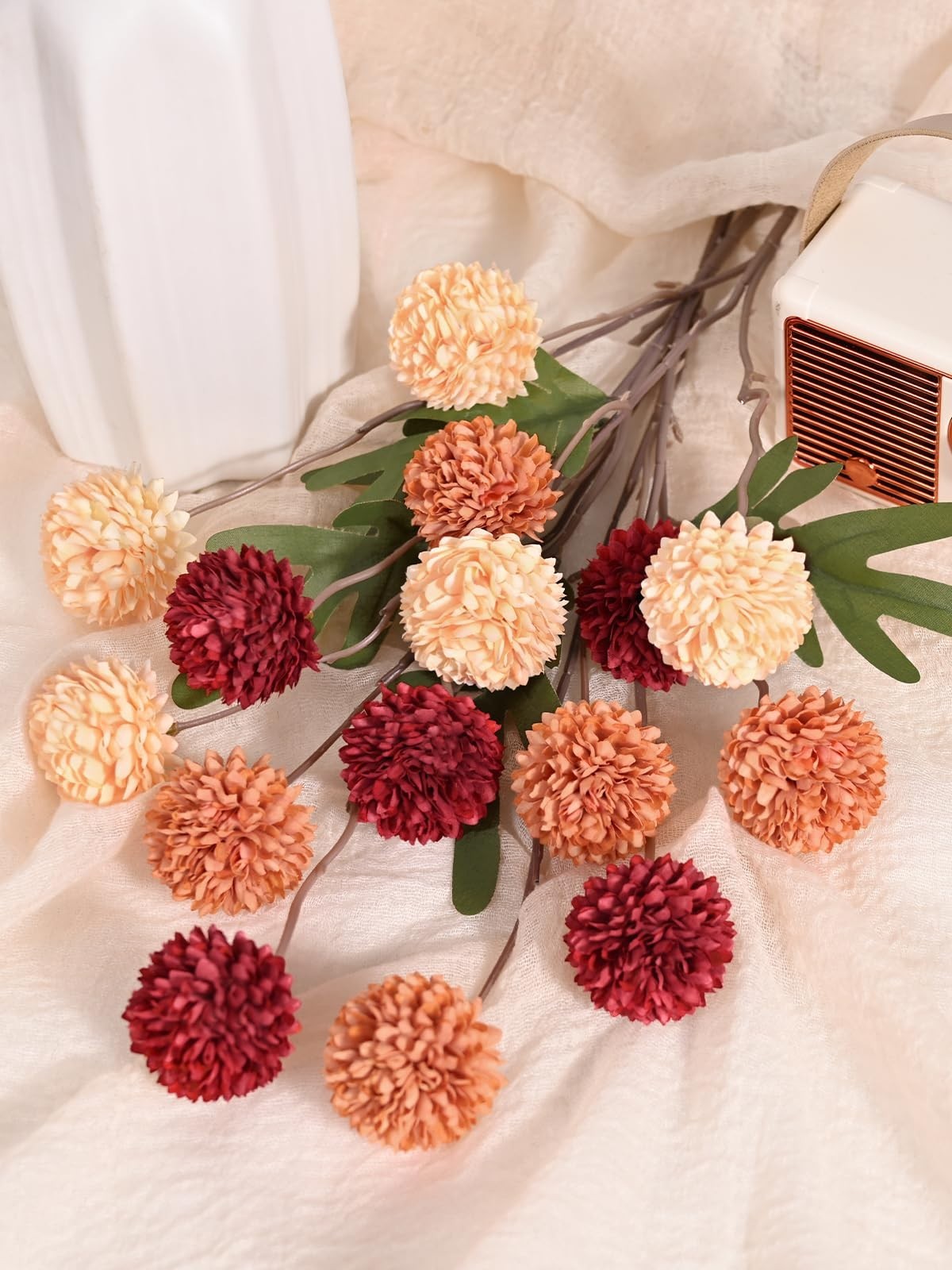 10pcs Faux Silk Pompon Flowers, Mini Chrysanthemums, Fall Decor Centerpieces
