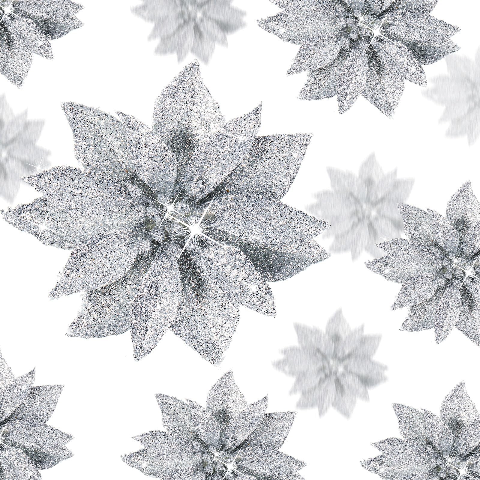 24 PCS Christmas Poinsettias Artificial Flowers Glitter Clip On Silver Decor