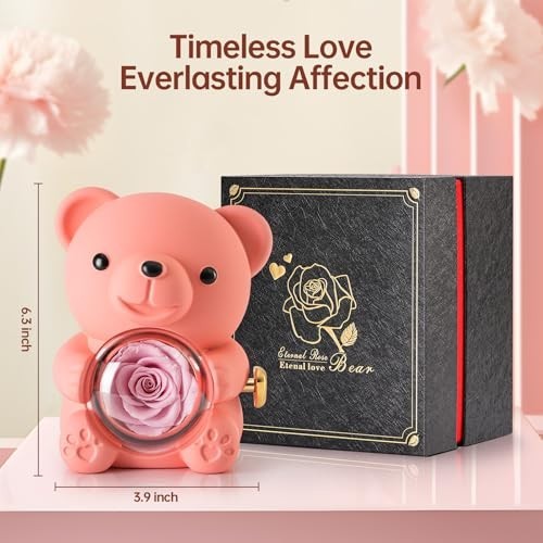 Adorable Teddy Bear with Real Preserved Rose – Elegant Gift Box for Mother’s Day