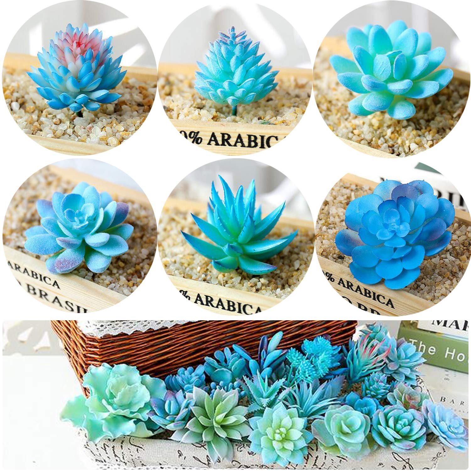 21 PCS Artificial Succulent Plants, Blue Fake Succulent, Unpotted Faux Succul…