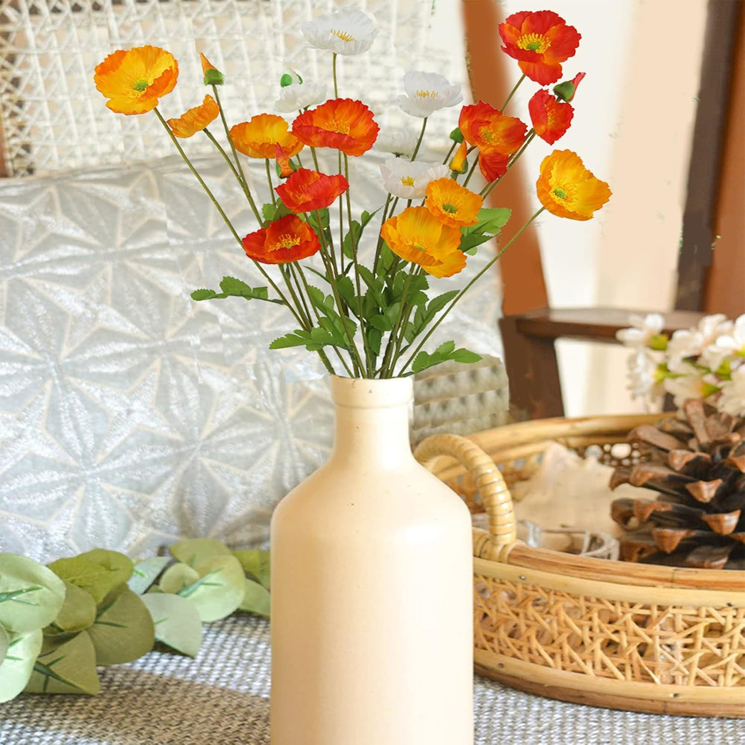 6 Pcs Artificial Poppy Flowers Silk Flower Poppy with Stems Real Touch Faux Popp
