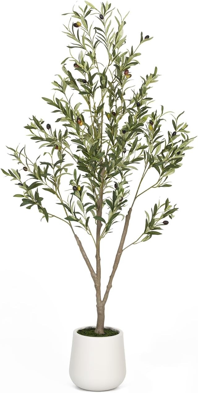 Artificial Olive Tree 6FT Tall Faux Olive Tree W/ White Planter Artificial