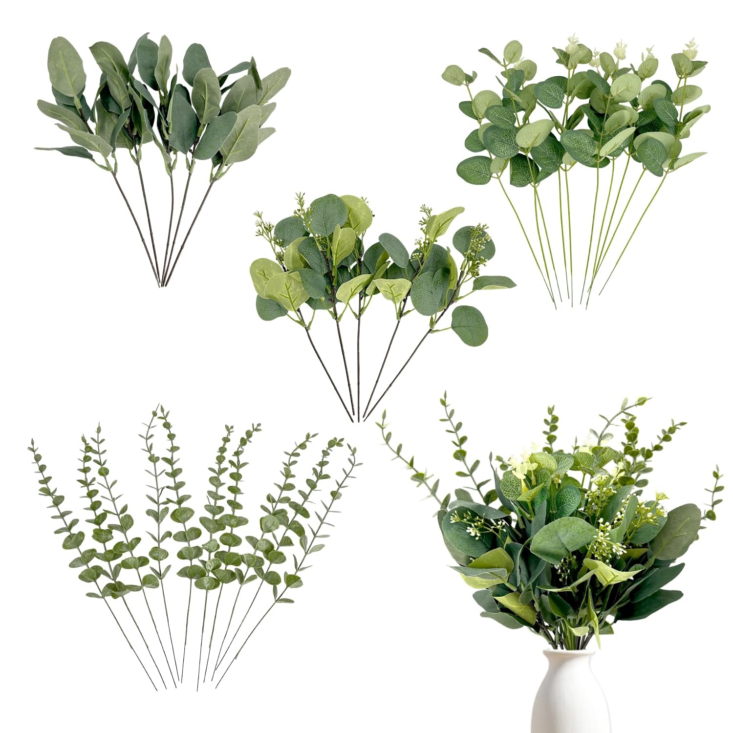 30 Pcs Eucalyptus Stems Bulk, 4 Kinds Mixed Artificial Silver Dollar Eucalypt…