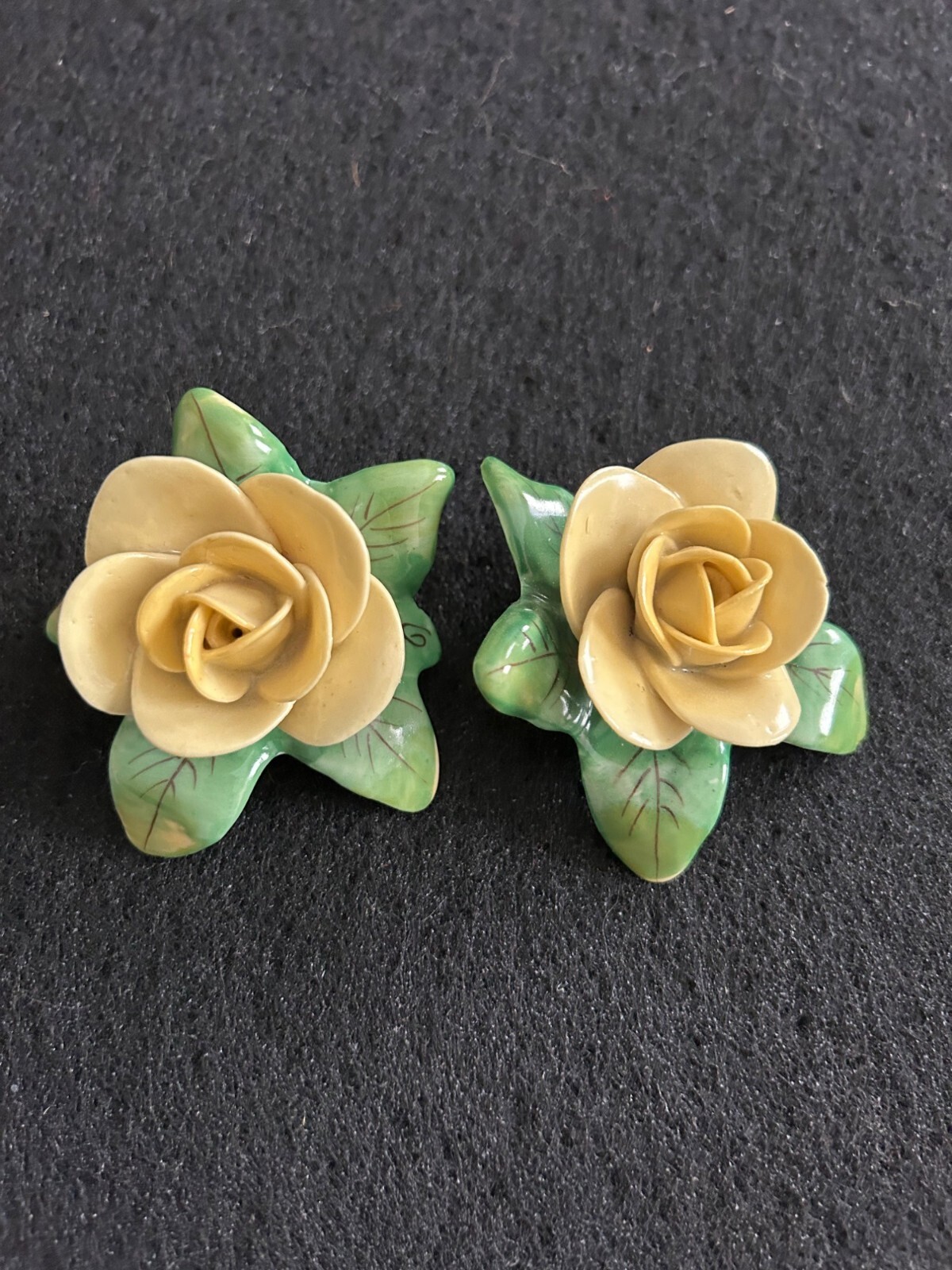 Porcelain Rose & Leaf Decor Cream & Green Hand Painted Floral Design Collectible