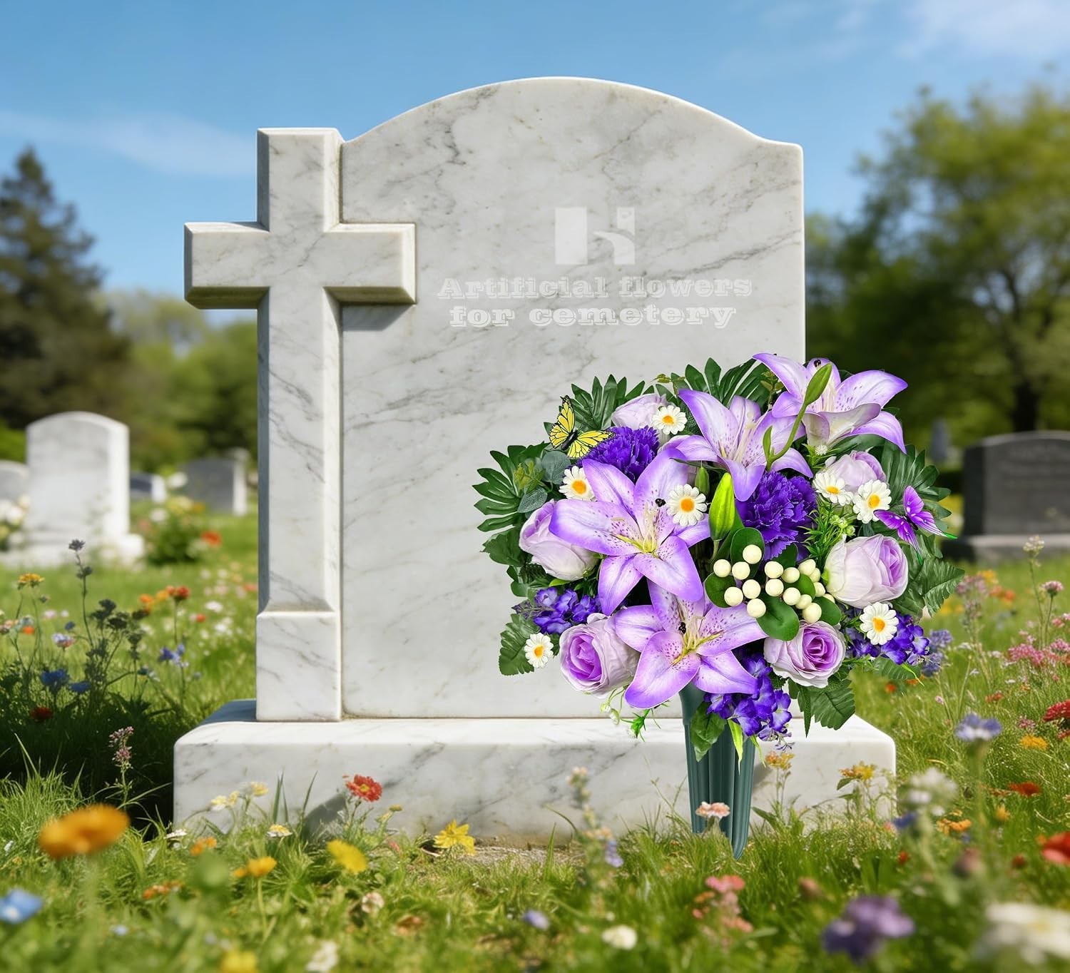 Artificial Cemetery Flowers – Vibrant Rose Carnation, Outdoor Grave Decoratio…