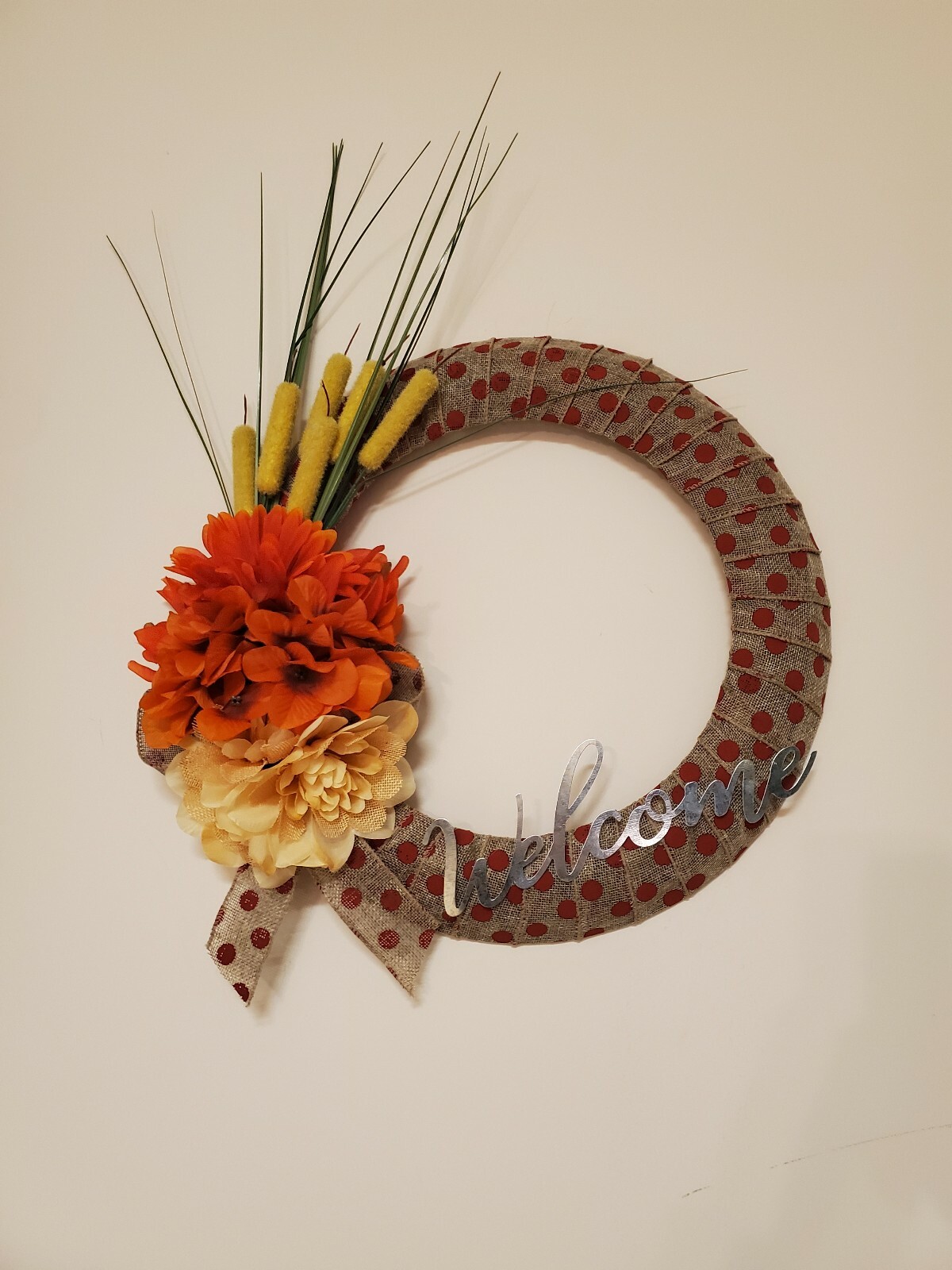 WELCOME wreath FLOWER Hydrangeas Foxtail burlap FALL autumn Decor Front Door 15