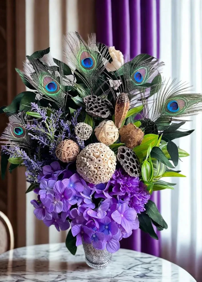 Peacock Centerpiece: Purple & Green Floral Arrangement, Cute Earthy Home Decor