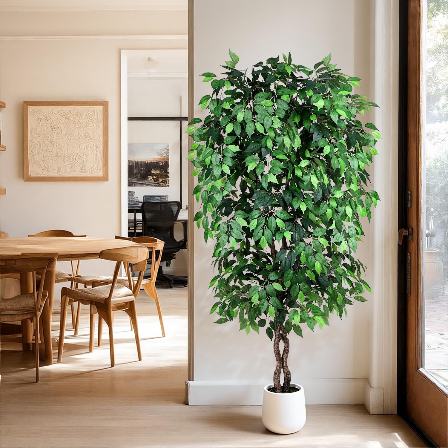 Jocoevol 7FT Artificial Ficus Tree, Tall Faux Trees Indoor White Planter, Dried