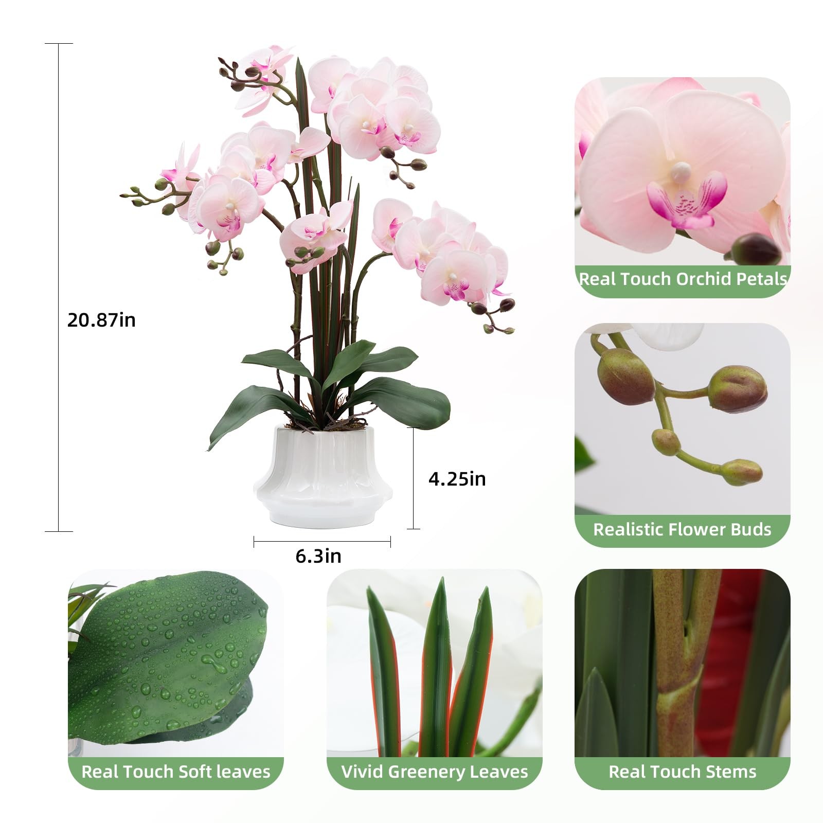 Artificial Orchid Flower Plant 20.9” Real Touch Faux Orchids in Ceramic Vase…