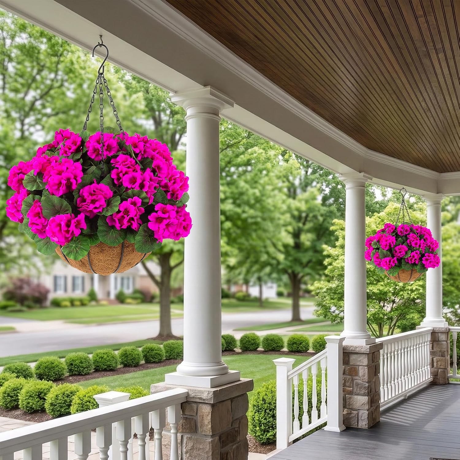2 Set Artificial Outdoor Geraniums Flowers with Hanging Basket, 2 Hanging Plante