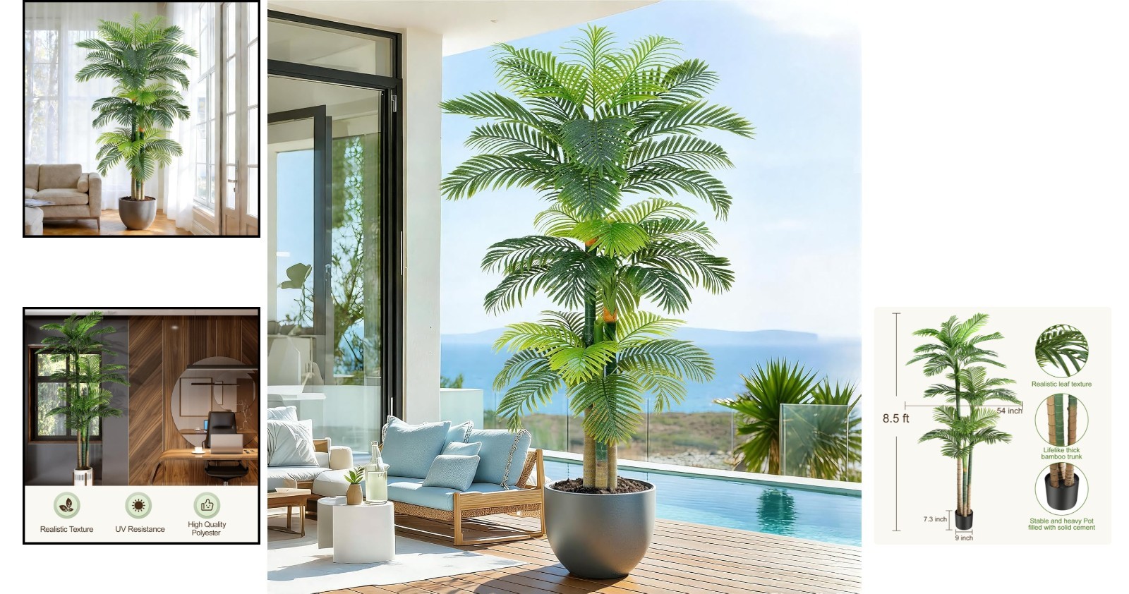 Elegant 8.5ft Faux Golden Cane Palm Tree in Pot – Low Maintenance Green Elegance