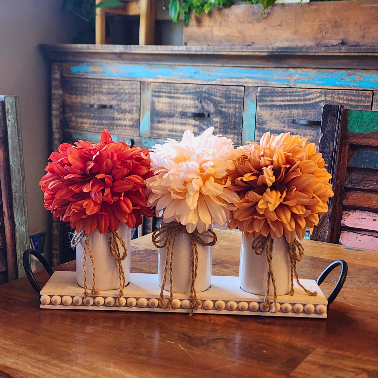 Fall Dahlia Floral Centerpiece – Vase Trio on Wood Tray – Farmhouse Table Decor
