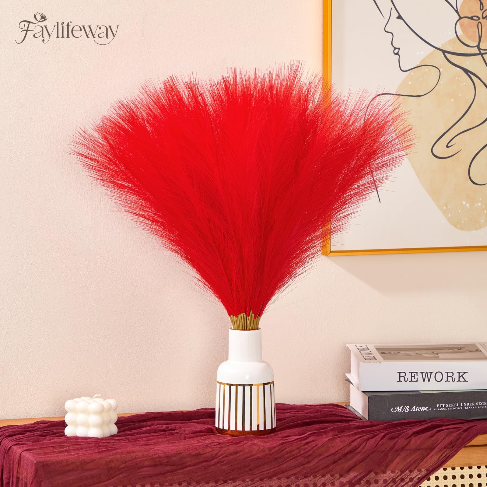 50 PCS Red Pampas Grass, 17in Pampas Grass Decor, Artificial Pompas Wall Deco…