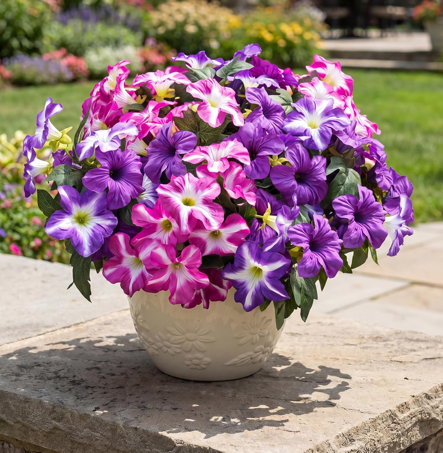 Artificial Fake Flowers Plants for Outdoor Decoration, 4PCS Faux Petunias Silk F